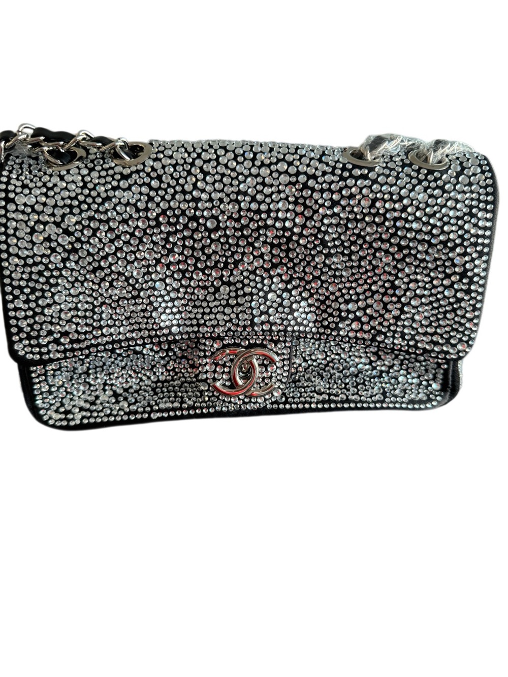 Luxury Silver Crystal-Embellished Black Quilted Crossbody